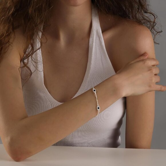 Sterling Silver SL-Evil Eye Link Chain Ring Bracelet Cubic Hand Chain for Women - Picture 8 of 8